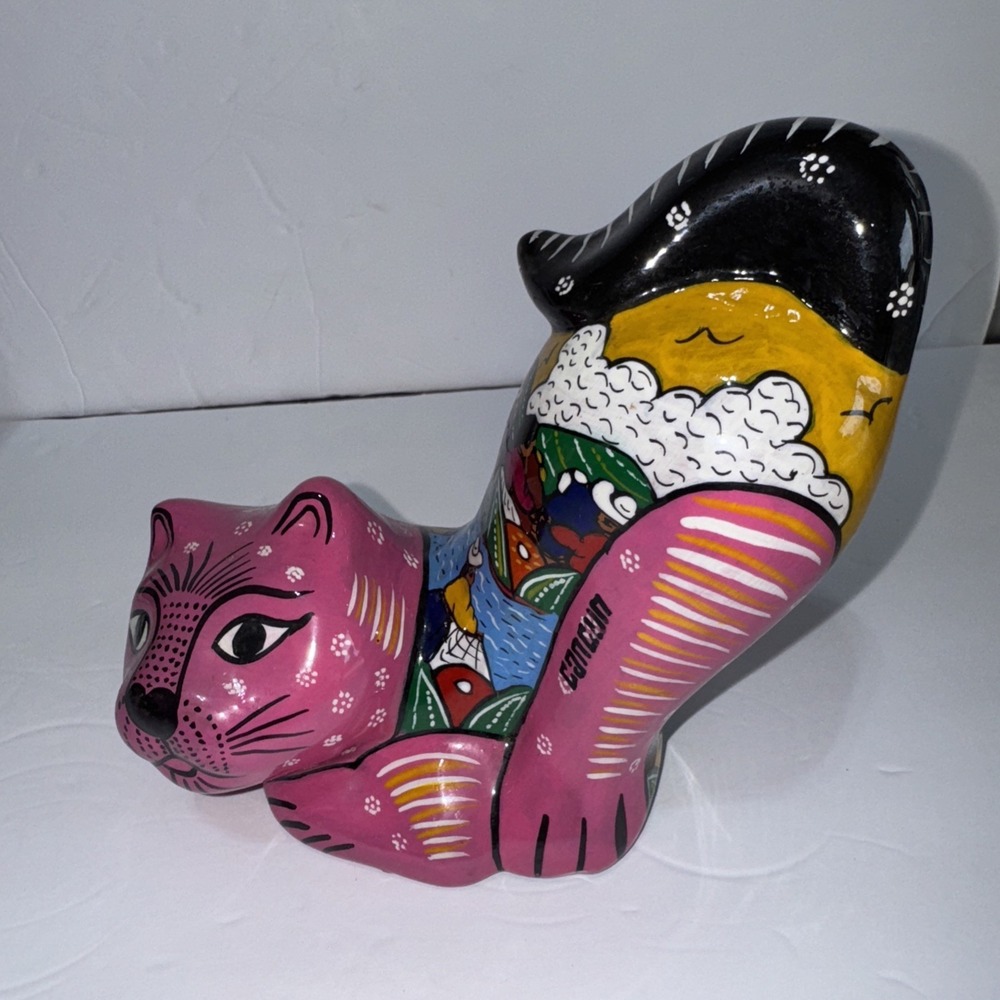 Vintage Cat Figurine Hand Painted Terracotta Isidoro Mexican Folk Art Cat